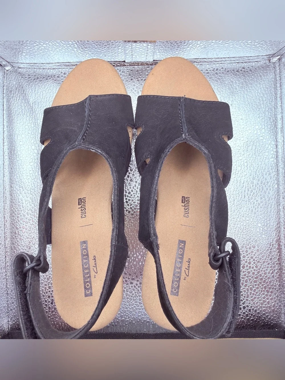 Clarks Black Suede Slingback Wedge Sandals